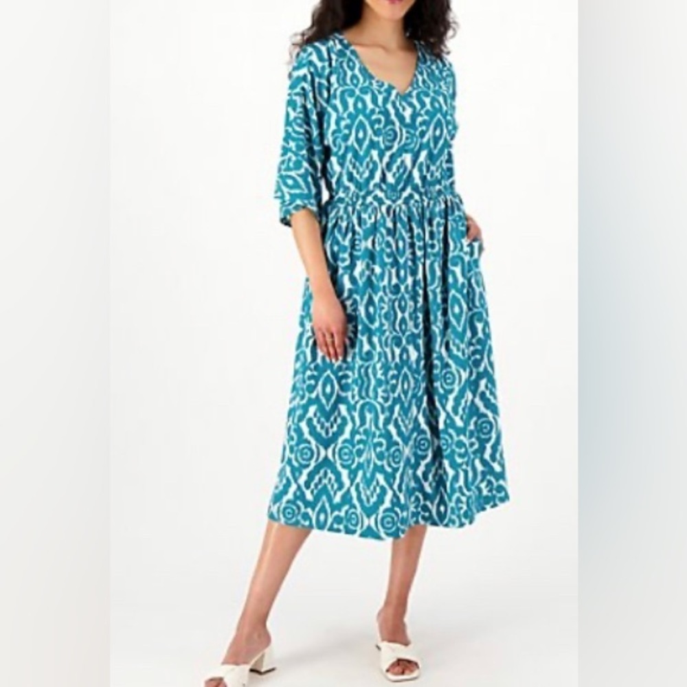 Girl With Curves -NEW - Textured Woven Regular Caftan Dress. A598769. Teal Ikat.